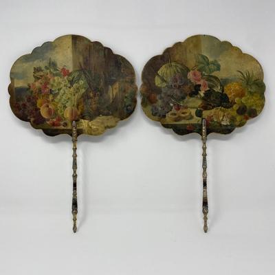 Two Antique Hand-Painted Wooden Handheld Fans