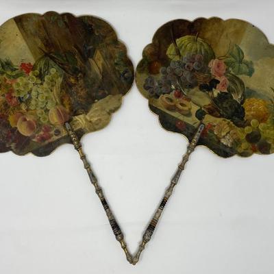 Two Antique Hand-Painted Wooden Handheld Fans