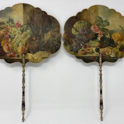 Two Antique Hand-Painted Wooden Handheld Fans