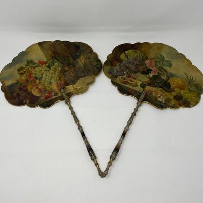 Two Antique Hand-Painted Wooden Handheld Fans