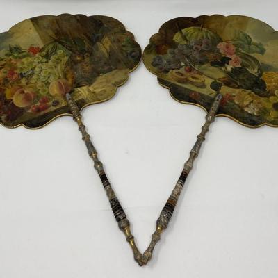Two Antique Hand-Painted Wooden Handheld Fans