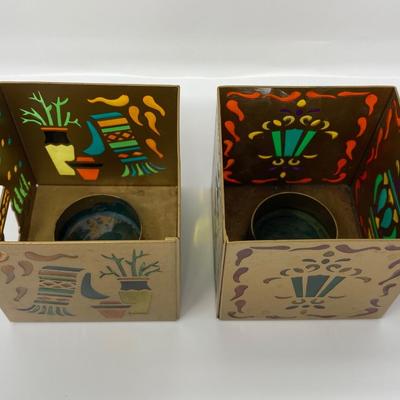 Set of 2 PartyLite Southwest Lights Square Stain Glass Tealight Candle Holders