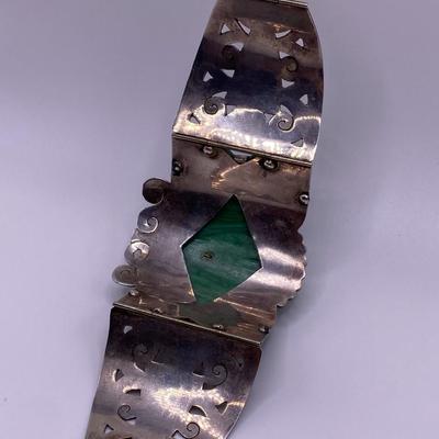 Maya Mexico Carved Green Onyx Totem Set in Sterling Silver Bracelet