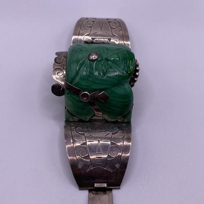 Maya Mexico Carved Green Onyx Totem Set in Sterling Silver Bracelet