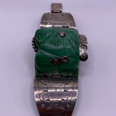 Maya Mexico Carved Green Onyx Totem Set in Sterling Silver Bracelet