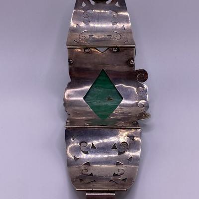 Maya Mexico Carved Green Onyx Totem Set in Sterling Silver Bracelet