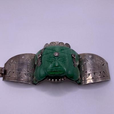 Maya Mexico Carved Green Onyx Totem Set in Sterling Silver Bracelet