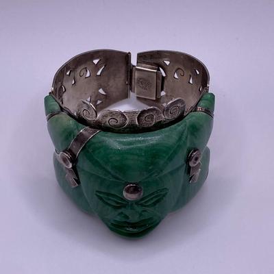 Maya Mexico Carved Green Onyx Totem Set in Sterling Silver Bracelet