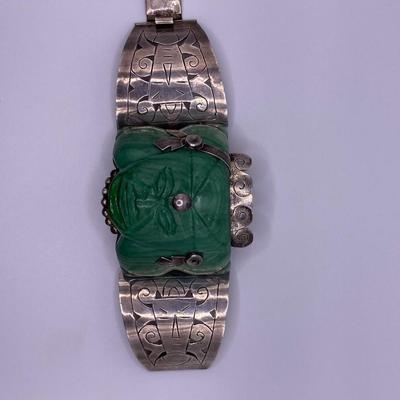Maya Mexico Carved Green Onyx Totem Set in Sterling Silver Bracelet