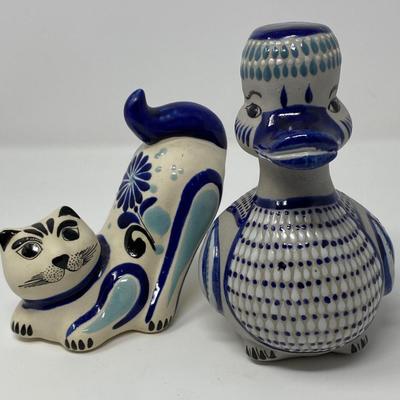 Mexico Tonala Art Pottery Cat and Duck Figurines