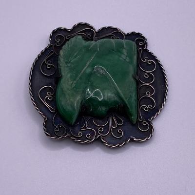 Vintage Sterling Silver Green Onyx Tribal Mayan Aztec Brooch