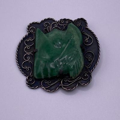 Vintage Sterling Silver Green Onyx Tribal Mayan Aztec Brooch