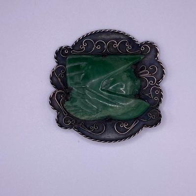 Vintage Sterling Silver Green Onyx Tribal Mayan Aztec Brooch