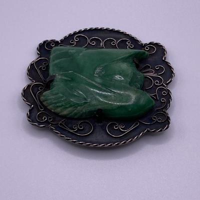 Vintage Sterling Silver Green Onyx Tribal Mayan Aztec Brooch
