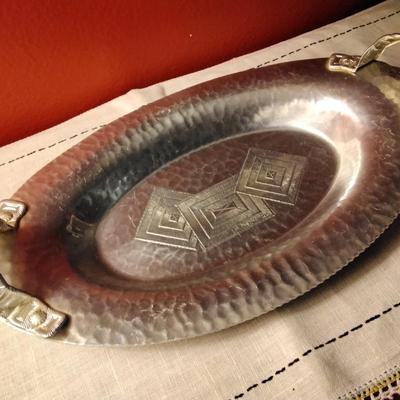 Hammered Aluminum handled tray with geometric design