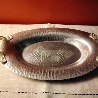 Hammered Aluminum handled tray with geometric design