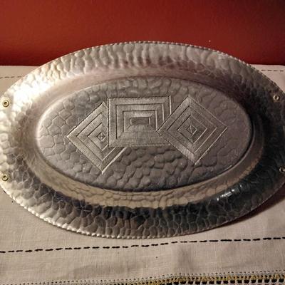 Hammered Aluminum handled tray with geometric design