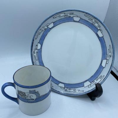 1932 Vintage Arts & Crafts Porcelain Child Baby Gift Mug &  Plate HP Kittens