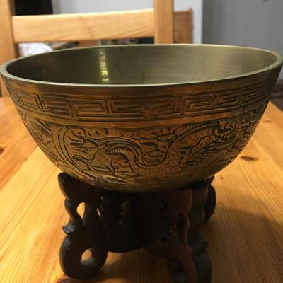 Vintage brass Chinese etched bowl