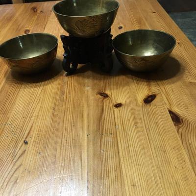 3 pc Vintage brass Chinese etched bowls