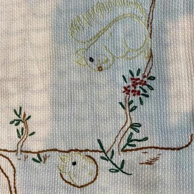 Darling Antique Baby Child Placemat Hand Embroidered Squirrel Vintage Hand Stitched Doily