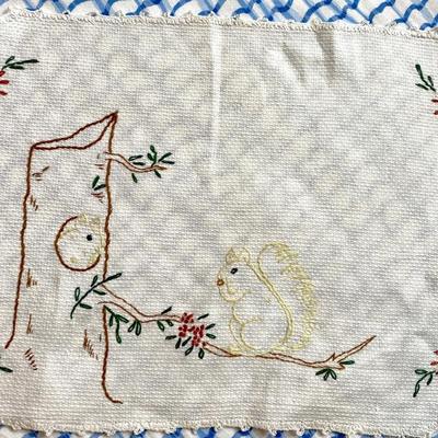 Darling Antique Baby Child Placemat Hand Embroidered Squirrel Vintage Hand Stitched Doily
