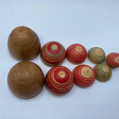 Rare Set 5 19th C Folk Art Nesting Wooden Colorful  Woodgrain & Handpainted  Darning Eggs