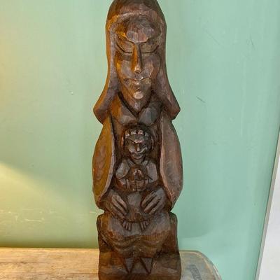 Antique Wooden Sculpture Mother and Child Statue
