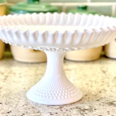 Vintage Fenton ruffled edge hobnail milk glass pedestal cake/pie stand