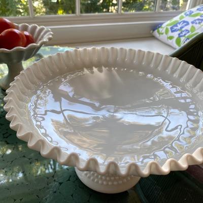 Vintage Fenton ruffled edge hobnail milk glass pedestal cake/pie stand