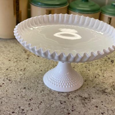 Vintage Fenton ruffled edge hobnail milk glass pedestal cake/pie stand