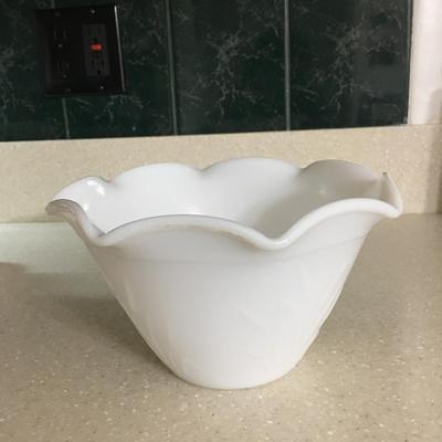 Hazel Atlas Platonite Milk Glass Depression Era Bowl Embossed Wheat Ruffled Edge Mixing Bowl Vintage