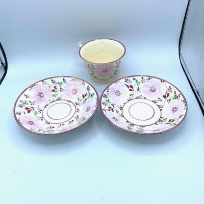Striking Pink Lusterware Cup, Saucers, and Creamer