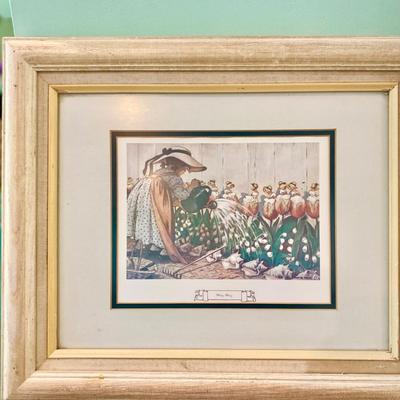 Sweet Vintage Framed Print MARY MARY Nursery Rhyme  Watering Flowers Little Girls Room