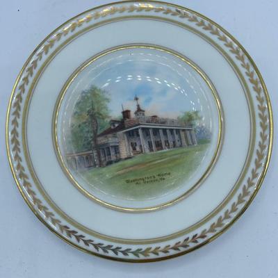 Antique Silesia Gilt Rim Porcelain Souvenir Plate MOUNT VERNON, fabulous detail