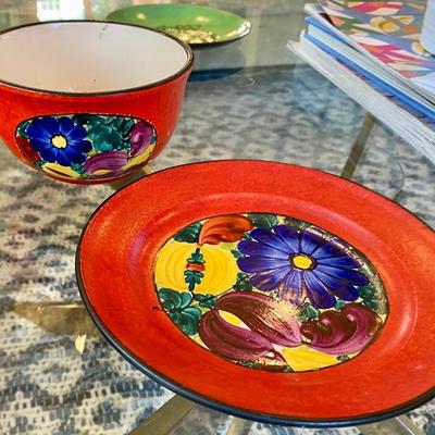 Gorgeous  MRAZEK Pottery bowl & plate PEASANT ART INDUSTRY CZECHLOSOVAKIA Handpainted