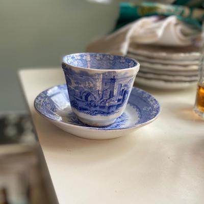 Antique Staffordshire Blue Transferware PRIORY Bowl and Saucer