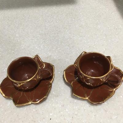 Pair Vintage brown and gold demitasse cups and saucers