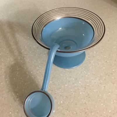 Vintage Westmoreland blue footed gold trim bowl with ladle