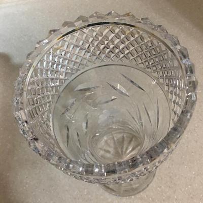 Vintage crystal cut glass saw tooth edge vase etched with flowers and leaves