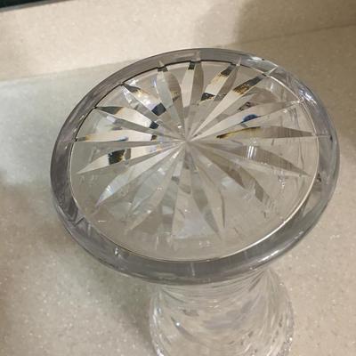 Vintage crystal cut glass saw tooth edge vase etched with flowers and leaves