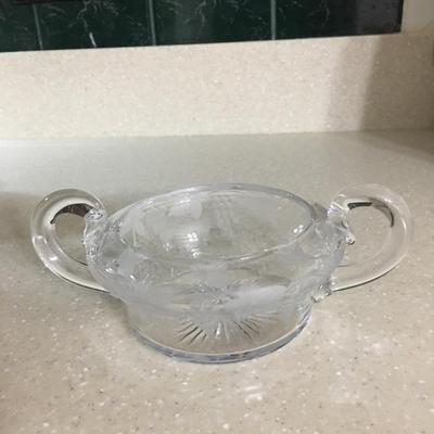 Vintage handled glass sugar bowl etched with grapes and leaves