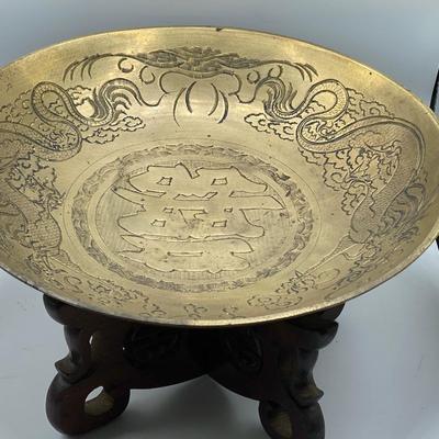 Huge Vintage Chinese Heavy Brass Bowl on Stand Dragons