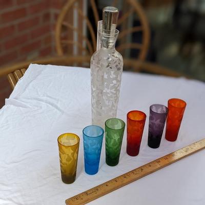 Like New Etched Multi Colored Glass Cordials and Decanter