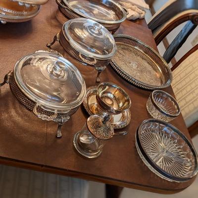 Lot of 8 Silver and Glass Serving Dishes
