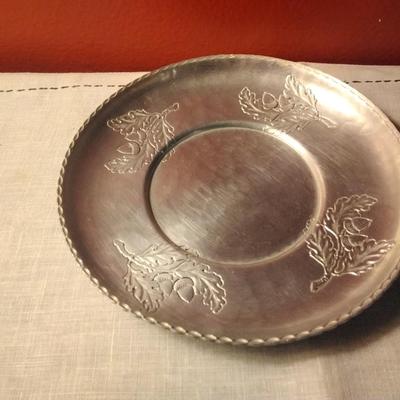 Hammered Aluminum serving tray plate patterened with acorns