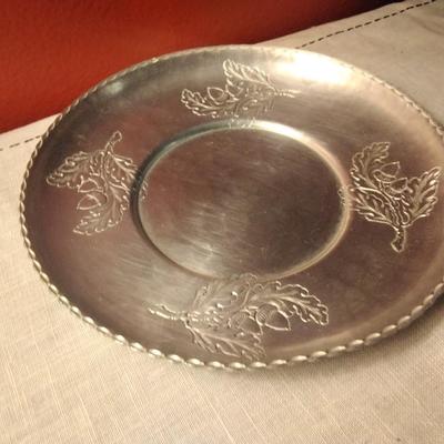 Hammered Aluminum serving tray plate patterened with acorns
