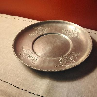 Hammered Aluminum serving tray plate patterened with acorns
