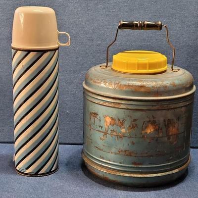 Lot 3: Vintage Blue & White Stripe Thermos and Green Jug with Yellow Lid