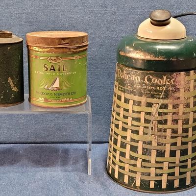 Lot 6: Vintage Green & White Pelican Cooler and 2 Green Metal Tins